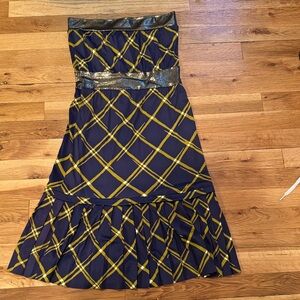 Navy and Yellow Plaid Strapless Dress in excellent condition.